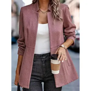 Women's Herringbone Front Blazer - Business Casual Long Sleeve Work Jacket with Full Lining and Thickened Shoulders
