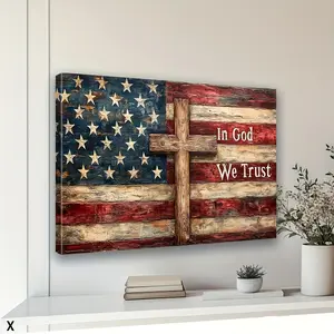 Product Entity: Flat/2D Feature, 1 Piece Framed Decorative Painting Wooden Frame Poster Not/3D, 2D Flat, with Frame, American Flag Living Room Wall Decoration, Country Retro American Flag and Cross Picture Canvas Print, Classic American Theme Artwork