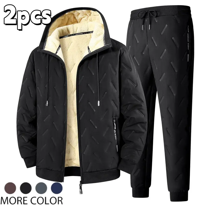 Men’s 2-Piece Casual Sports Clothing Sets - Fleece-Lined Hooded Quilted Thermal Long Sleeve Polyester Jacket & Drawstring Jogger Pants, Warm Winter Outfit for Daily Outdoor Wear, 4 Colors Available, 2 Piece Sets