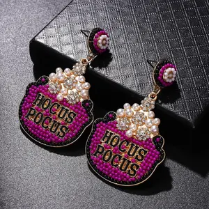Halloween Hocus Pocus Cauldron Beaded Dangle Earrings For Women Statement Handmade Funny Costume Party Earrings Holiday Festive Jewelry Gifts Black Purple