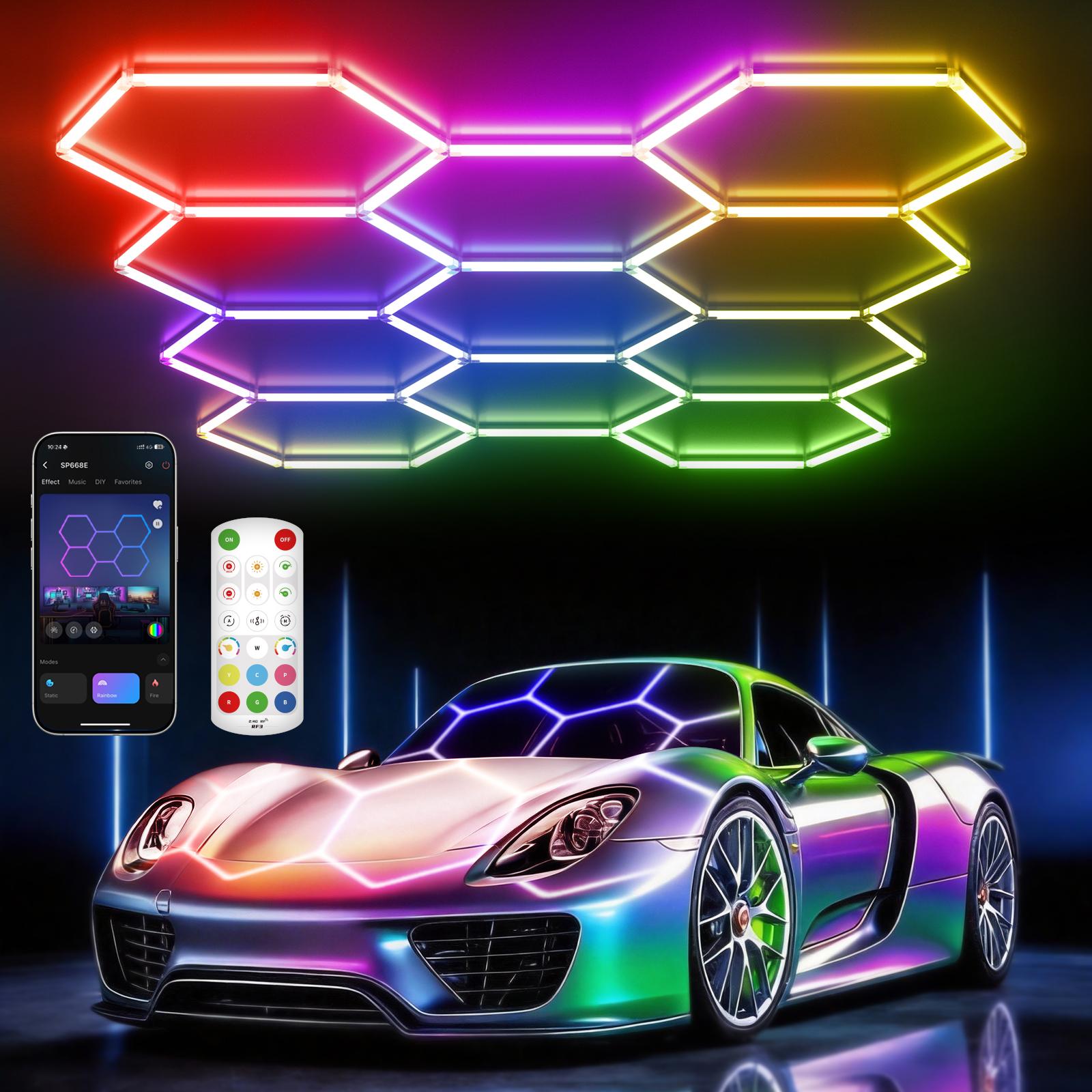 HYPERLITE RGB Hexagonal Honeycomb Light, Modular Garage Light System, Smart LED Hexagon Garage Lights for Ceiling or Wall, DIY Color Lighting Panels Music Sync, Remote Control, Decorative Honeycomb Light Garage, Gaming Room, Party memorialday