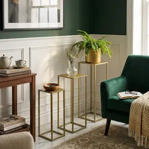 Three Nesting Metal Plant Stands Side End Table Set Gold Contemporary Design Sturdy Durable No Assembly Required Ideal for Home Decor