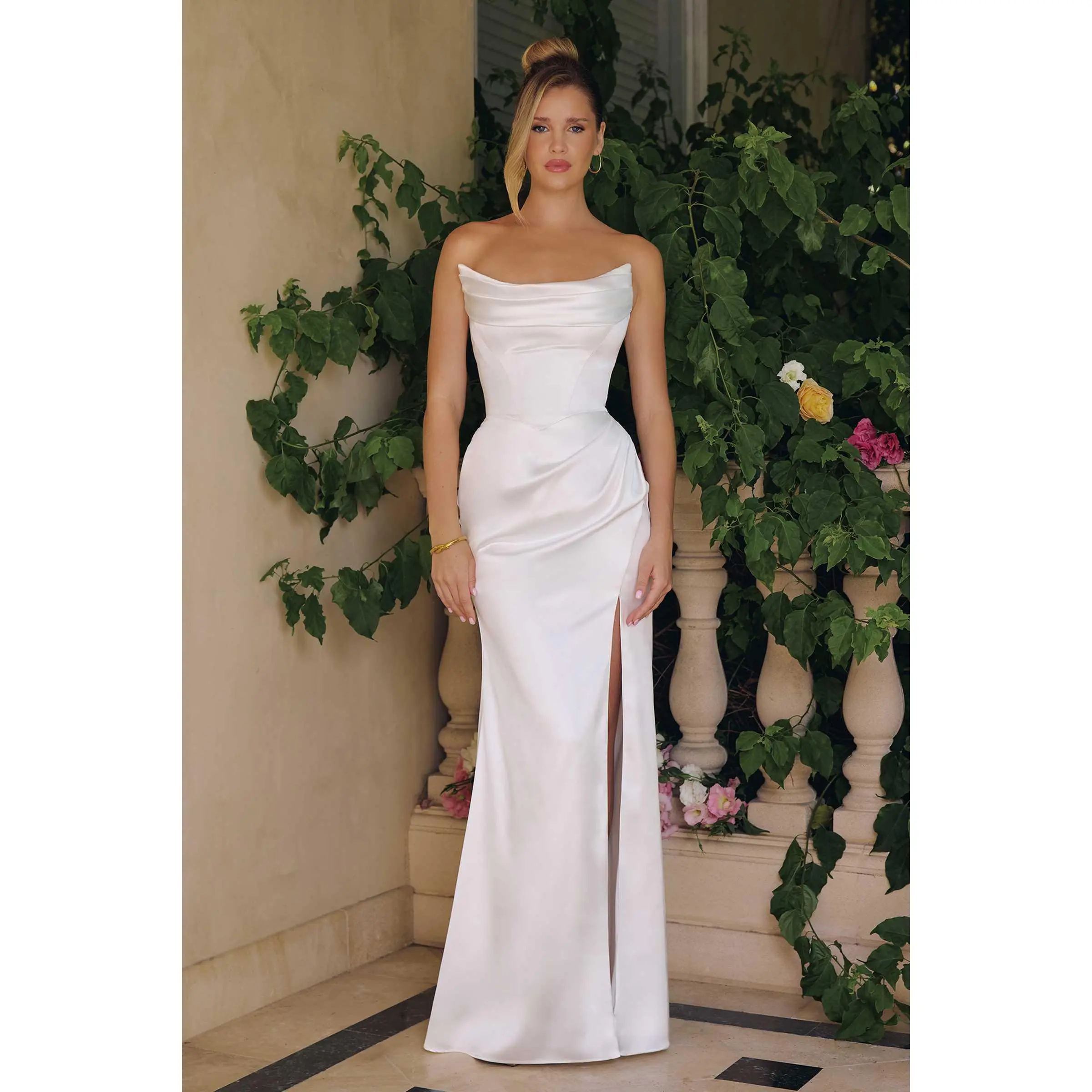 AMORIS T820W Women's Chic Sleeveless Formal Fitted Strapless Draped Neck Smooth Satin Wedding Gown - Stretch Fabric, Removable Straps, Floor-Length Skirt, Hidden Zipper, Thigh Split, Flattering Leg Silhouette, XXS-3XL, for Bridal Events