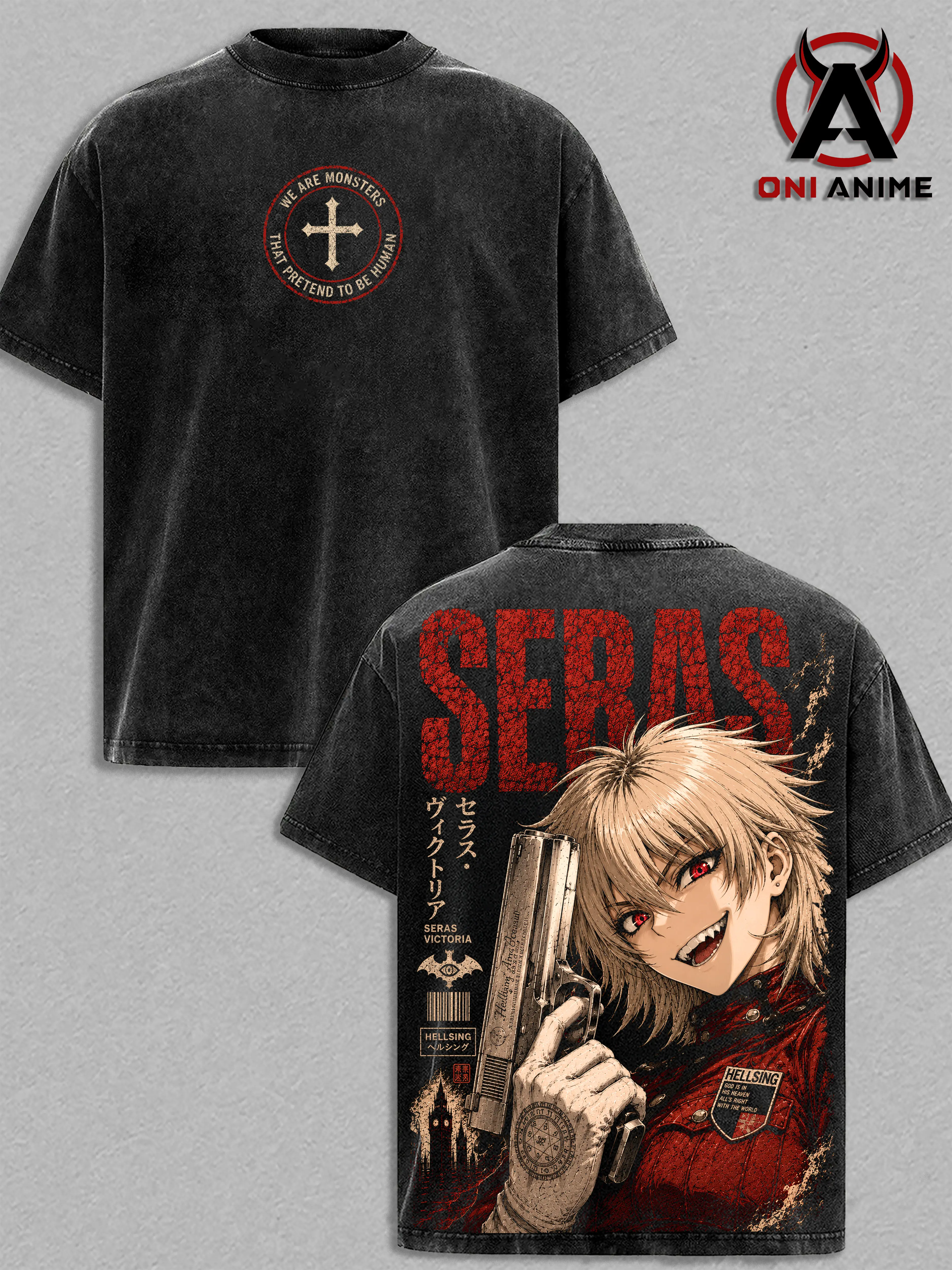 Seras Victoria Hellsing Vintage Washed T Shirt, Anime Graphic Tee, Hellsing Oversized Streetwear Top Cotton Tshirt, Classic Menswear Clothes Apparel, Gift for Hellsing Fans Men & Women