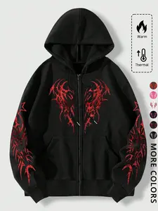 Gothic Rune Print Hooded Zipper Cardigan Sweatshirt, Graphic Print Hoodie, Gothic Rock Hoodie, Casual Hooded Sweatshirt, Unisex Streetwear Fall & Winter, Y2K Trendy Fashion, Men's Gift, Sports Gym Outdoor School