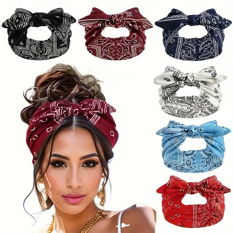 6 Pcs Bohemian Paisley Women's Bow Sports Headbands | Loose Elastic Headscarves |  Sky Blue/Black/Navy/Burgundy/White/Red| Suitable for All Seasons, Outdoor, Yoga & Daily Wear