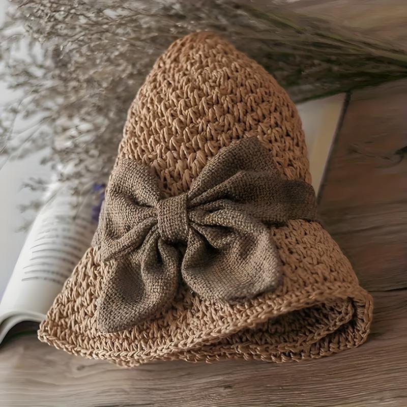 Vintage Handwoven Straw Hat with Ruffle Bow, Elegant French Sun Hat, Foldable Breathable Beach Hat for Travel & Outdoor Wear