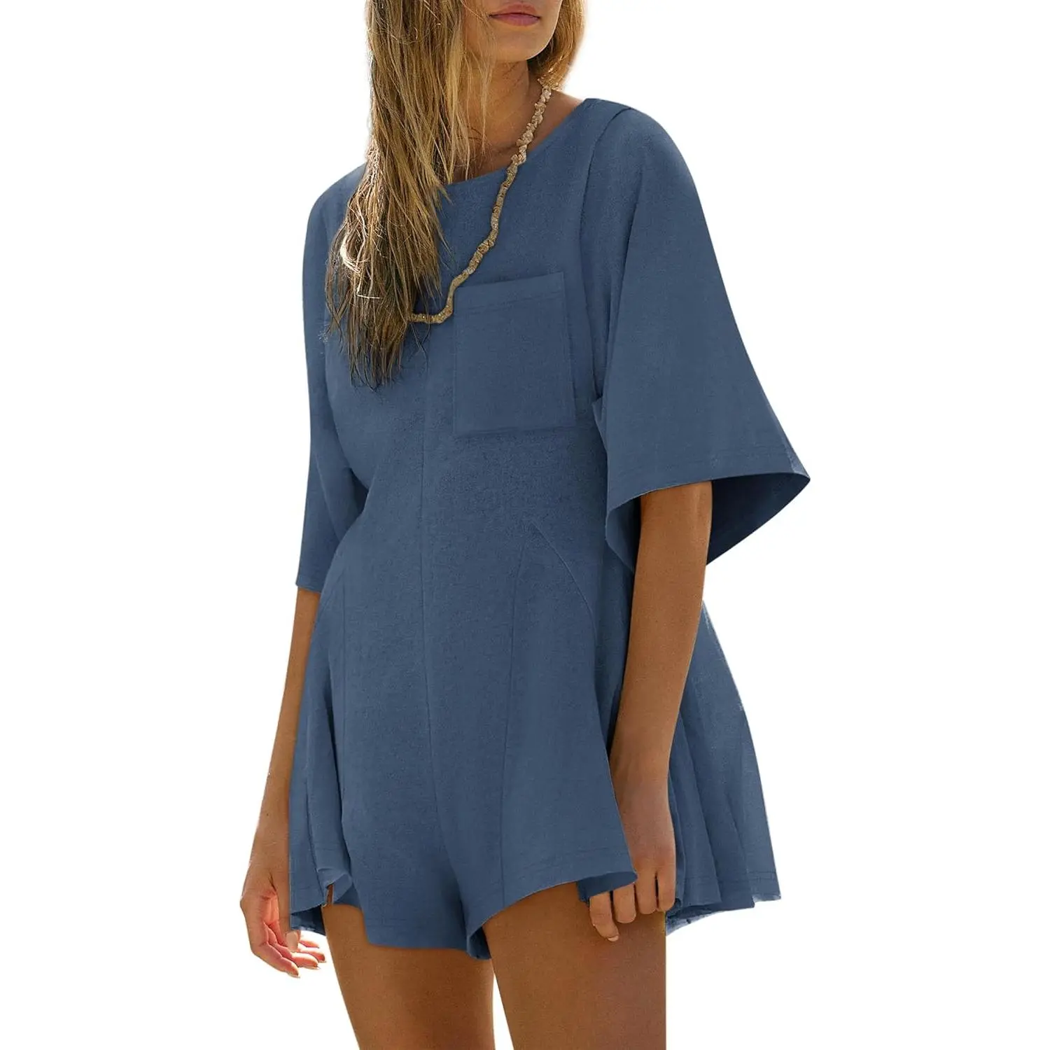 Imily Bela Rompers for Women 2025 Spring Outfits Summer Casual Short Sleeve Crew Neck Loose Jumpsuits with Pocket