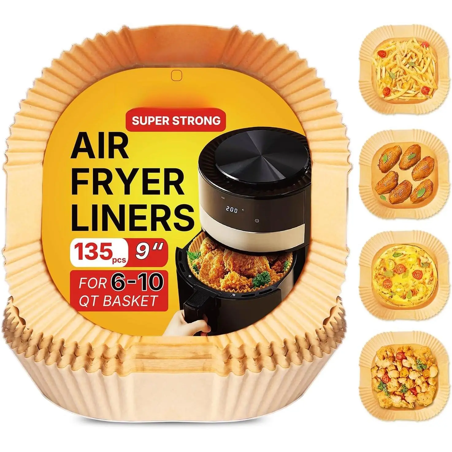 Large Air Fryer Liners Disposable 135 count, 9 Inch Unbleached  Paper Sheets,  Grade Non-Stick and Oil Resistant for Baking Griling, 6-10 QT Airfryer Basket Linker, Square