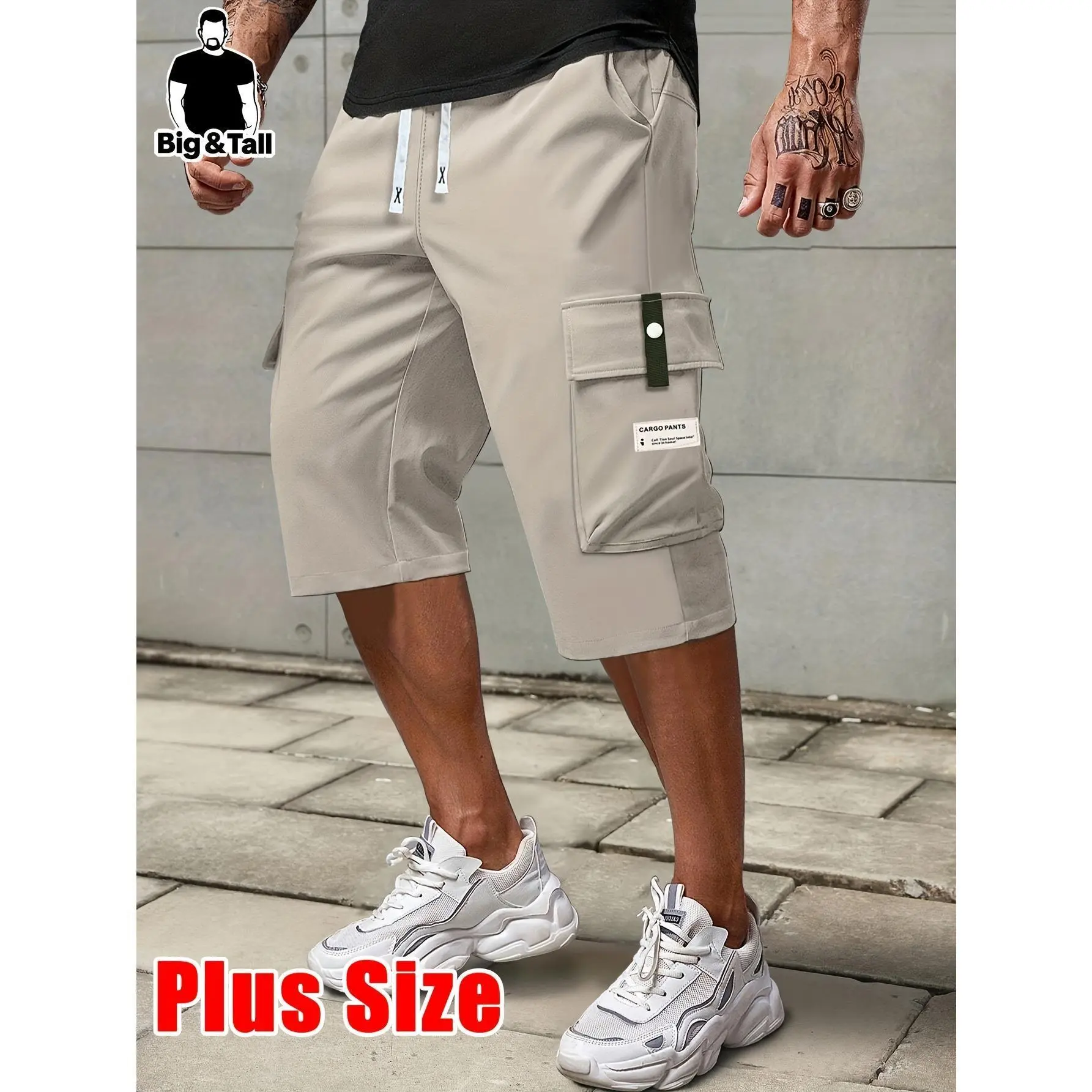 HIDKAT Men's Olive Green Plus Size Casual Loose Fit Cropped Cargo Pants with Drawstring Waist, Large Pockets & Letter Patches, Menswear, Athletic, Casual Loose Comfy, All Season, Polyester, Basics