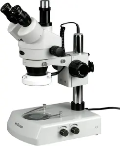 NHTDPAmScope SM-2T-LED Professional Trinocular Stereo Zoom Microscope, WH10x Eyepieces, 7X-45X Magnification, 0.7X-4.5X Zoom Objective, Upper and Lower LED Lighting, Pillar Stand, 110V-120V