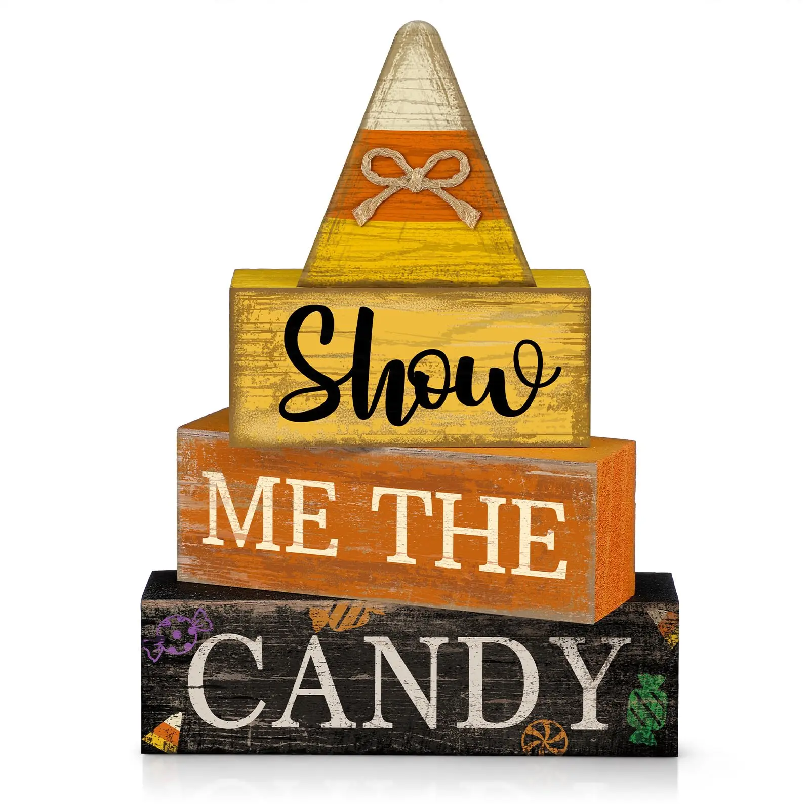 4-piece Halloween desktop decoration set featuring wooden stacking candy corn; includes “Give me candy” signage and candy corn topper; layered tray decoration for Halloween; retro autumn decorative accents suitable for home, office, and kitchen.