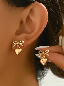 Charming Bow & Heart Dangle Earrings, Elegant Vintage Style, Perfect for Women's Daily Commute & Holiday Decor, 1 Pair