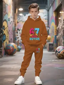 Boys' New Arrival Hooded Sweatshirt Set, Creative Geometric Print, Suitable for Outdoor Sports & Home Parties
