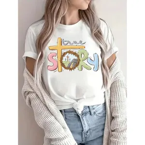 Lightweight Easter Women's Casual Christian T shirt Featuring True Story Graphic Short Sleeve Round Neck Spring Summer Top Easter Gift Idea Casual Wear Graphic Tee