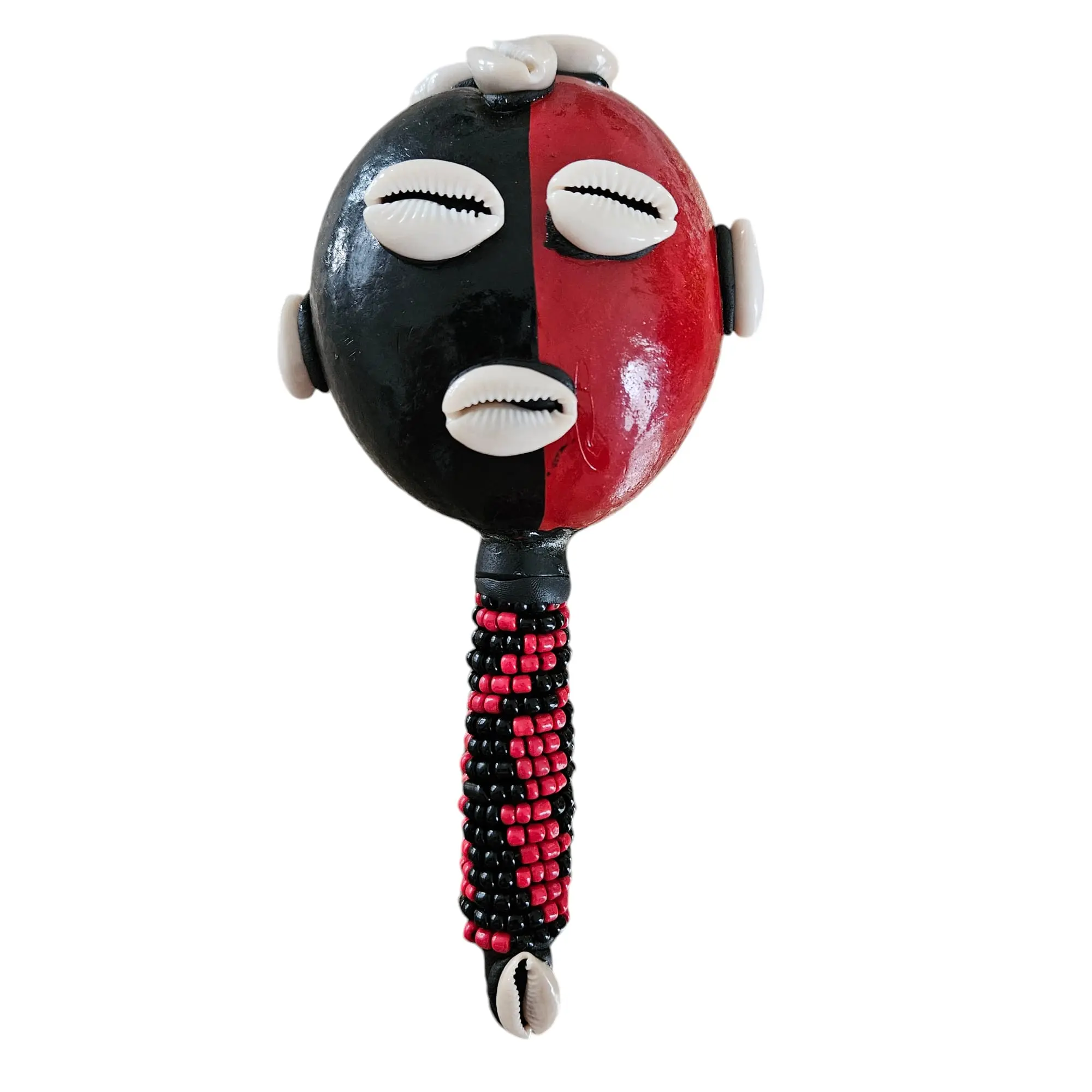 Eshu 9" Red and Black Handcrafted Gourd Rattle - Maraca for Elegua, Adorned with Cowrie Shells, Percussion Instruments