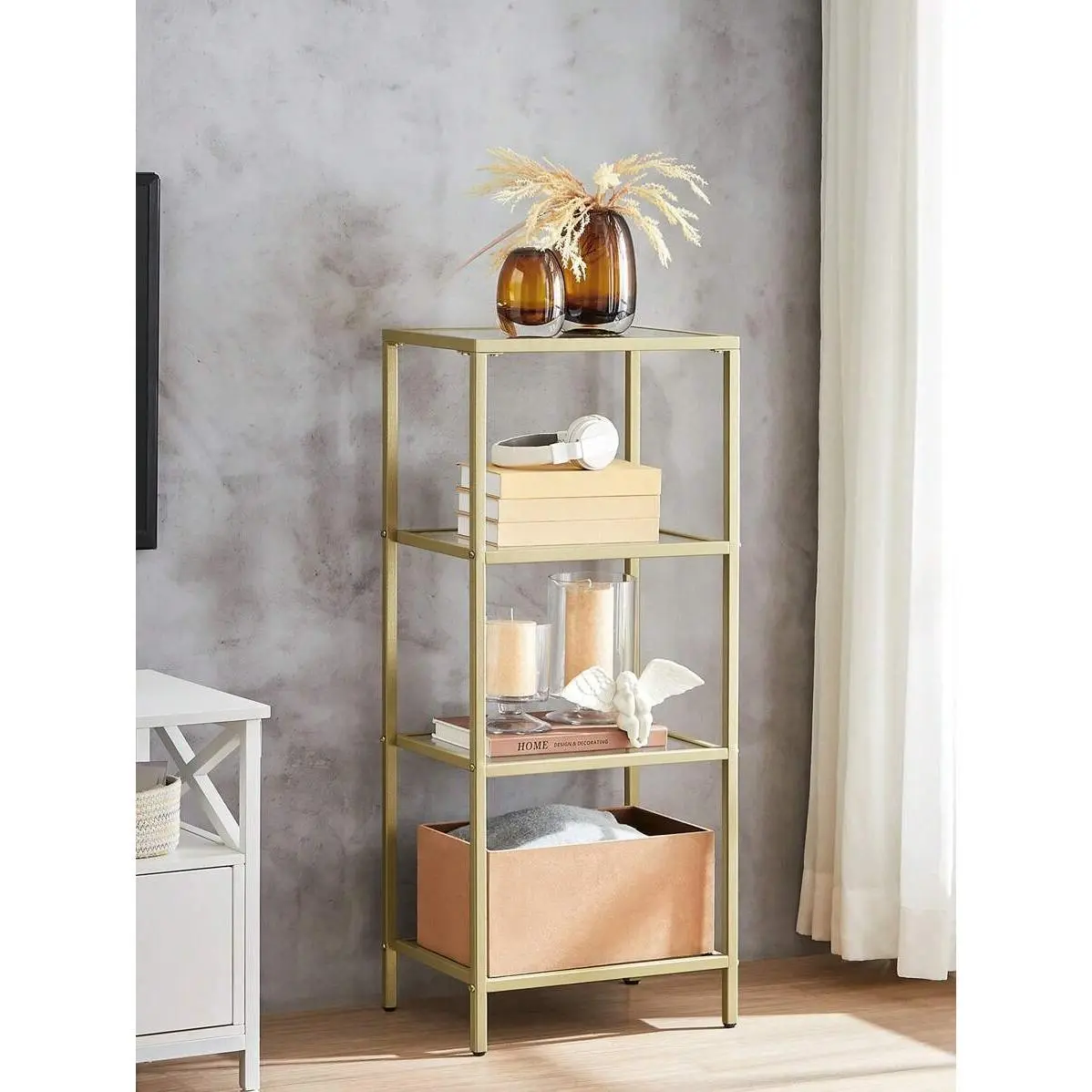 Adjustable Tempered Glass Standing Bookcase - 4-Layer Sturdy Steel Frame Minimalist Rectangle Shelf, 11.8"d x 15.7"w Space-Saving Home Shelf for Bedroom, Home Office, 22 lb Capacity, 1 x Assembly Bag
