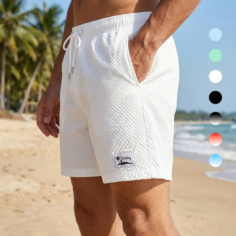 Men's Quick Dry Seersucker Beach Shorts with Triangular Mesh Lining, Summer Casual Board Shorts with 2 Side Pockets and 1 Back Pocket, Drawstring Elastic Waistband Swim Trunks, Swimwear Beachwear, Swim Bottoms, Swimming Shorts, Bathing Shorts