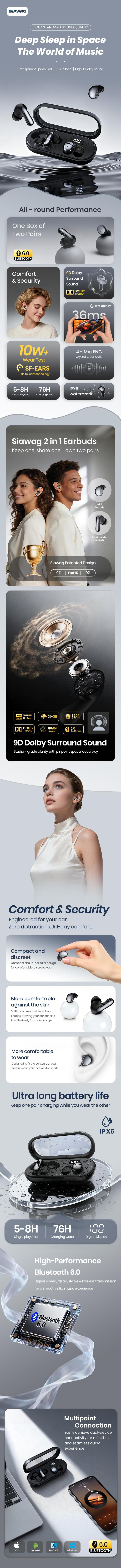 SIAWAG MD35 2-in-1 Wireless Earbuds, 9D Sound, ENC Noise Cancelling, 38ms Low Latency, LED Display, Long Battery Life SIAWAG MD35 2-in-1 Wireless Earbuds, 9D Sound, ENC Noise Cancelling, 38ms Low Latency, LED Display, Long Battery Life