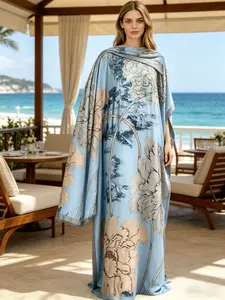 Ladies' Fashion Scarf and Shawl Set (Two piece Dress Set), a must-have soft blue floral satin beach hoodie for summer 2026, suitable for beach vacations/US anniversaries/graduation season/Independence Day, bikini swimsuit hoodie