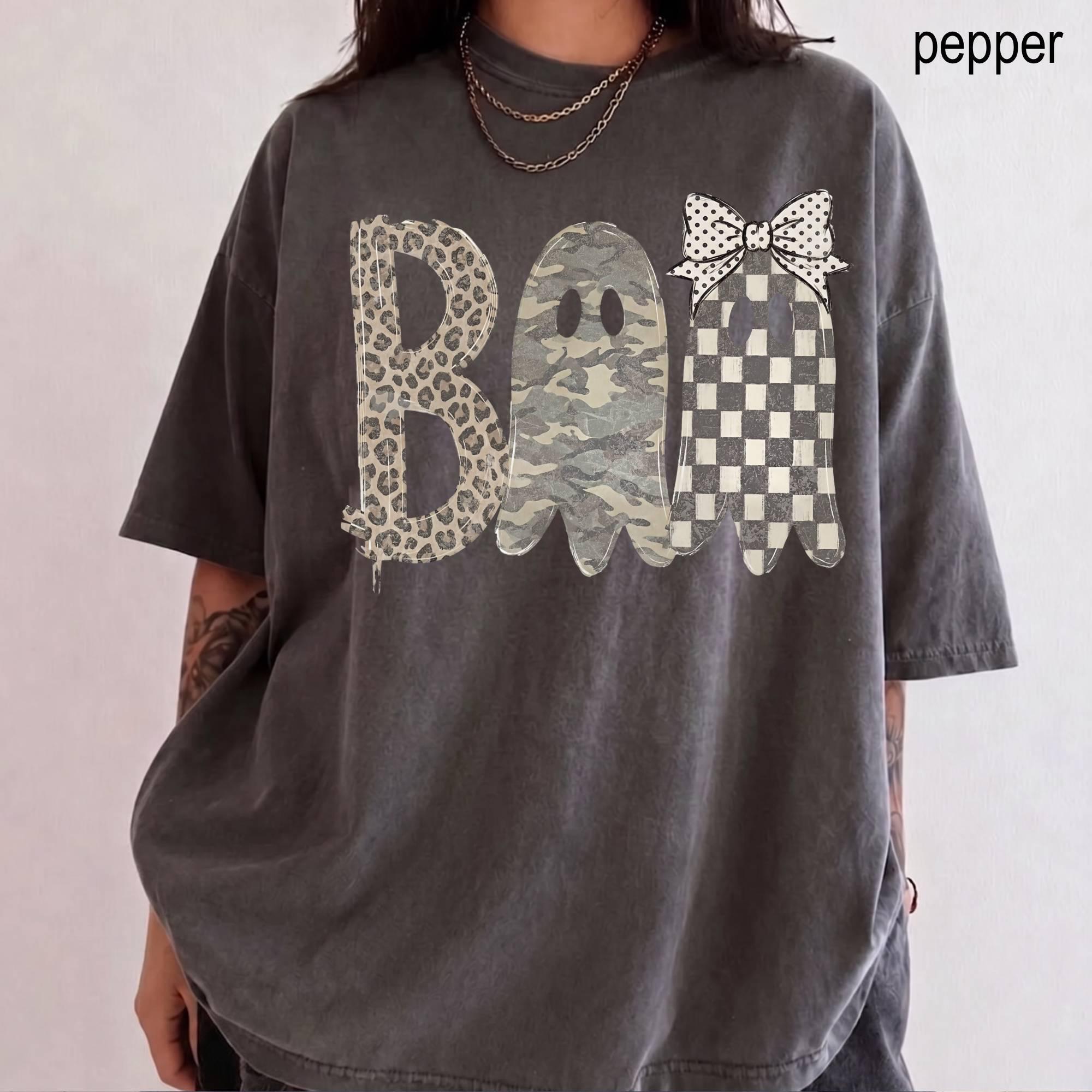 Comfort Colors Leopard Ghost BOO Shirt, Cute Halloween Tee, Camo Thanksgiving Gift, Checkered Fall Tshirt, Spooky Season Top Cotton Trending