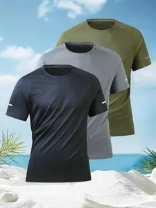 Men's Solid Reflective Stripe Short Sleeve Tee, Breathable Crew Neck Raglan Sleeve T-shirt for Daily Wear, Casual Comfy Men's Top for All Seasons, Athleisure Style