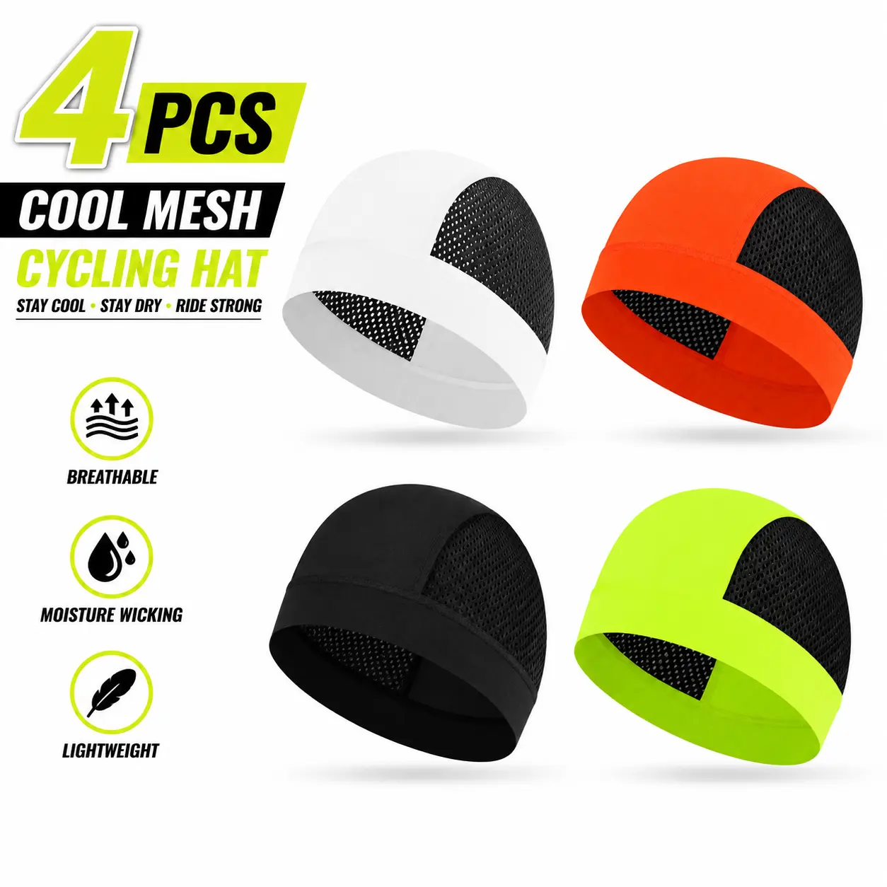 4 Pack Mesh Helmet Liner Skull Cap, Unisex Moisture Wicking UPF UV Protection Under Helmet Cycling Head Cover for Motorcycle Biking Running Outdoor Sports