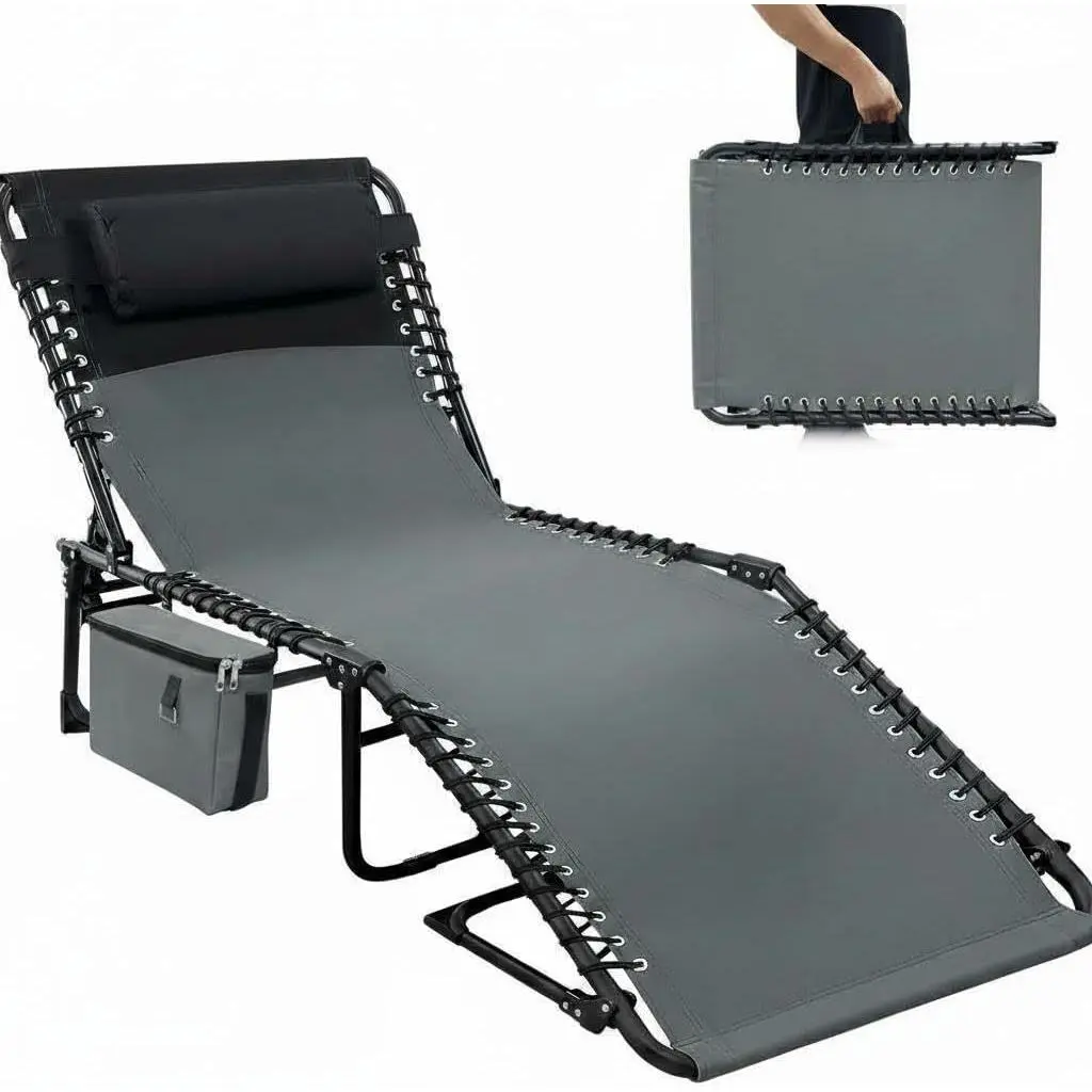 Foldable Portable Patio Outdoor Chair - Steel Frame Outdoor Furniture with 5-Position Adjustable Backrest, Lay-Flat Design, Carry Handle, Side Pocket, Removable Pillow for Beach, Pool