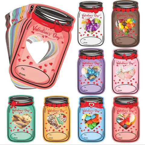 48pcs Unisex Valentine's Day Heart-Shaped Cardboard Mason Jar Gift Bags - Party Gift Packs, Indoor Festive Supplies, Wedding Favors