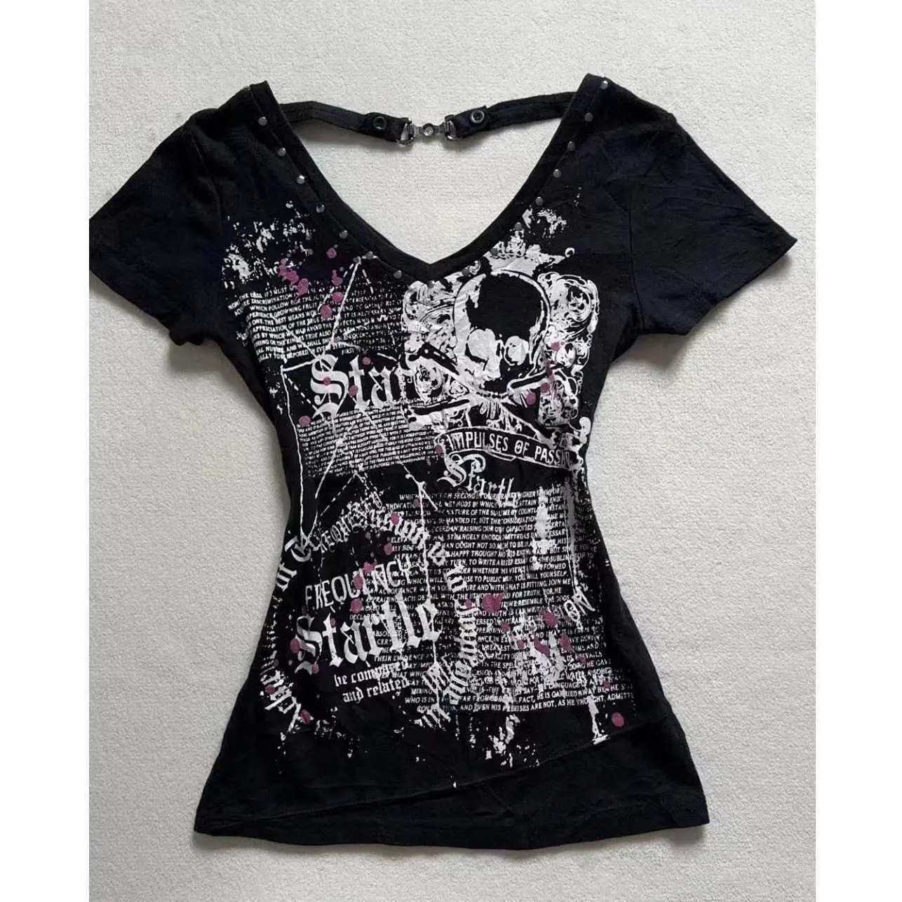 American Vintage Vintage Black Printed Rivet V-Neck Slim T-Shirt Women's Millennium Y2K Design Halter Top
