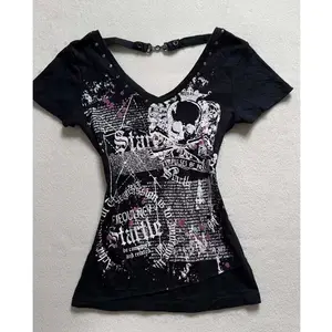 American Vintage Vintage Black Printed Rivet V-Neck Slim T-Shirt Women's Millennium Y2K Design Halter Top