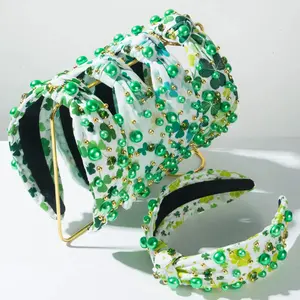 St Patrick's Day Shiny Rhinestone Ornament Knotted Headband Clover Print Wide-Edged Headdress Stylish Hair Accessories Female Daily Use