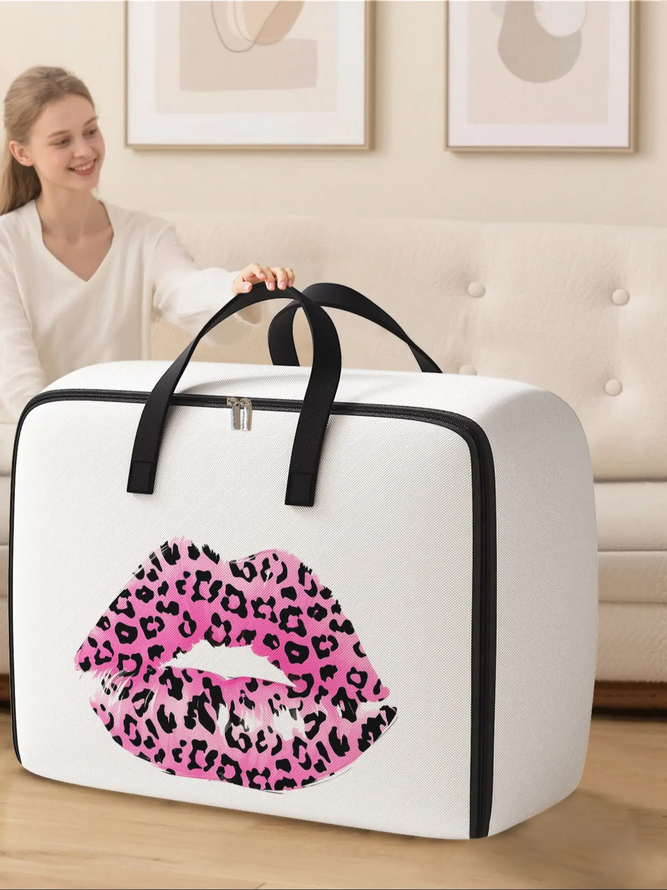Leopard Lip Pattern Storage Box, Container Organizer, Space-Saving Large Handheld Organizer, High Capacity Storage, Ideal for Moving Travel Camping Dormitory Bedding