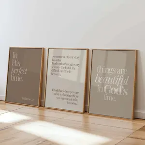 Christian Wall Art Set of 3 Printable | Neutral Bible Verse Trio | In His Perfect Time Isaiah 60:22 | Scripture Digital Download Decor