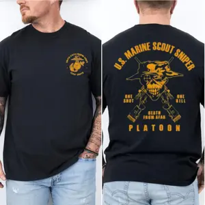 U.S. Marine Scout Sniper T-Shirt, Platoon Death From Afar 2 Sides, One Shot One Kill Skull and Rifles Graphic, Eagle Globe and Anchor Military Pride Apparel for Men & Women