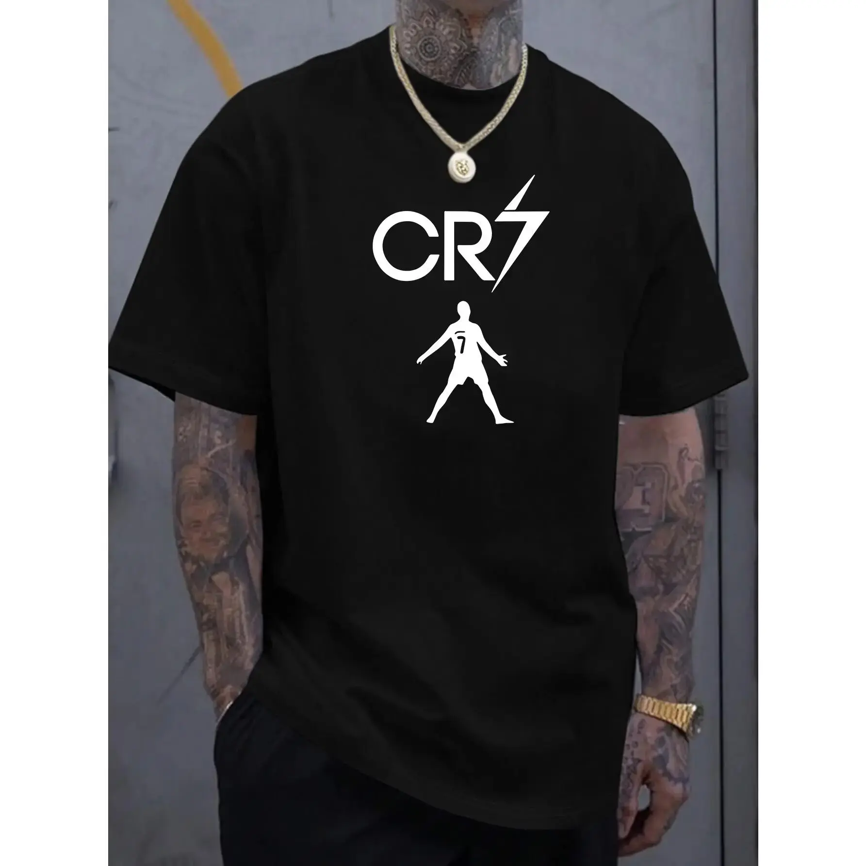 Men's CR7 Print Casual Short-Sleeve T-Shirt - Menswear, Undershirt, Basic Comfy Polyester Lightweight Regular-Fit Crew Neck Summer Tee, Ideal Gift for Daily Casual Wear