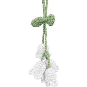 Car Mirror Hanging Accessories, Cute Crochet Suzuran Car Rearview Mirror Charm, Handmade Knitting, Fit for Backpack, Keychain (White)