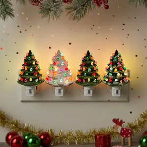 Christmas Ceramic Tree Night Light 4 Pack - 6" H Tabletop Holiday Nostalgic Decorative Lights with ON/Off Switch, Vintage Night Light for Gift Bedroom Bathroom Living Room Porch Holiday Decor