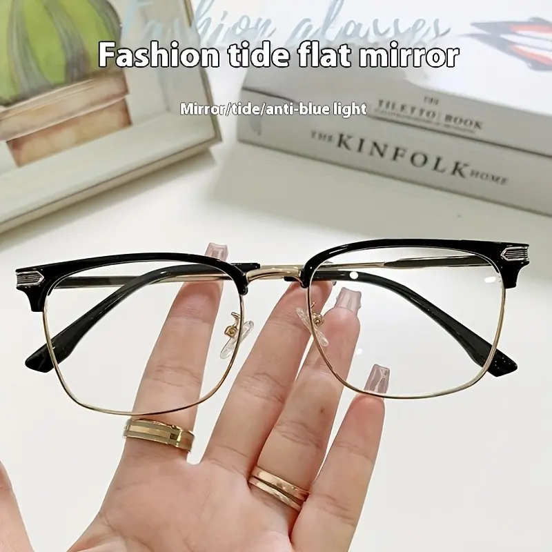 Classic Fashion Square Browline Anti-Blue Glasses - Golden Metal Stylish Square Frames, Unisex Daily Use Eyewear, Ideal Gift Choice 002, Browline Eyeglass
