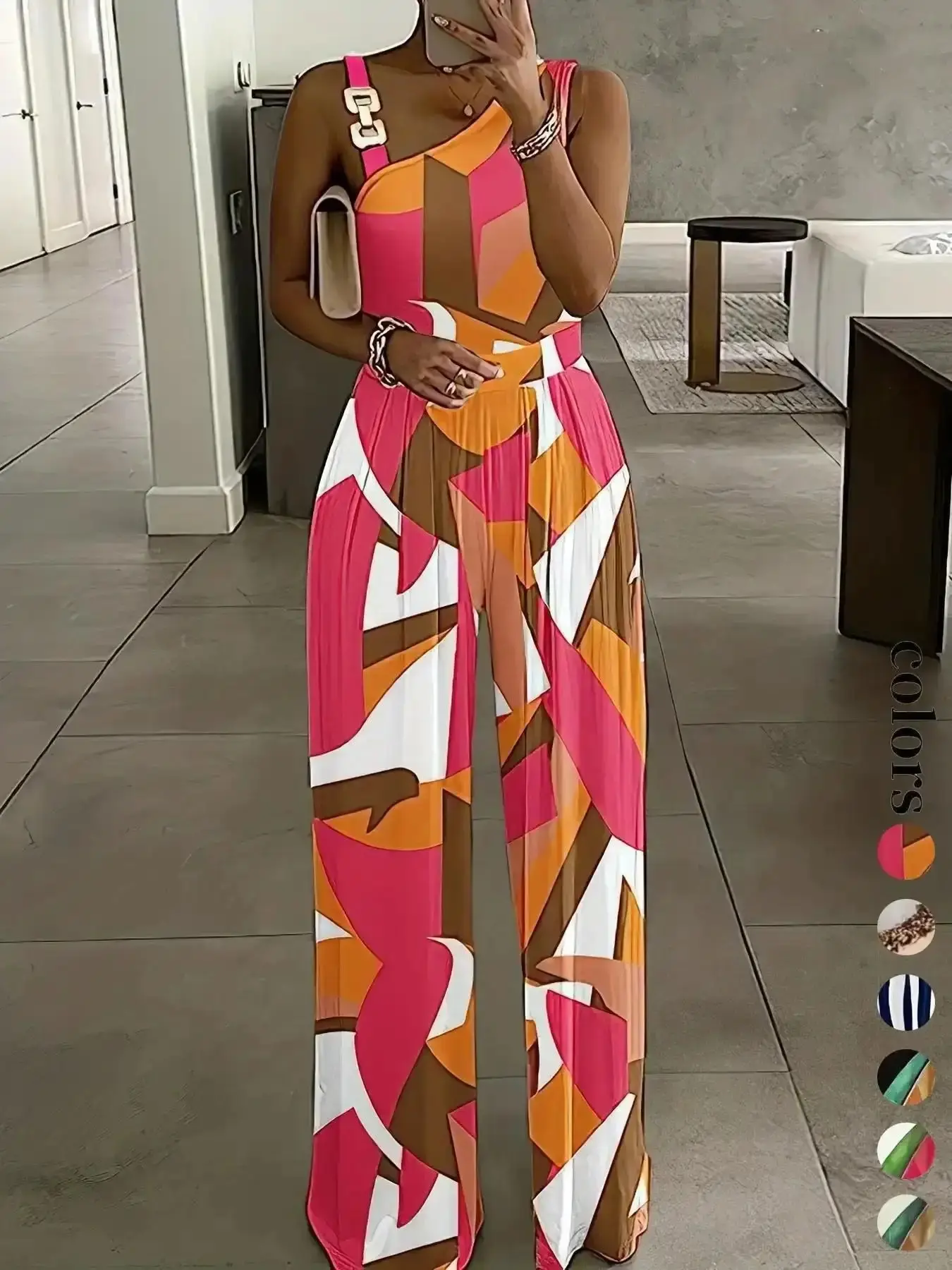 Women's Flattering Floral Print Ring Linked Asymmetrical Neck Sleeveless Plicated Fit Jumpsuit, Boho Casual High Waist Wide Leg for Summer, one-piece wonder, effortless chic, streamlined style