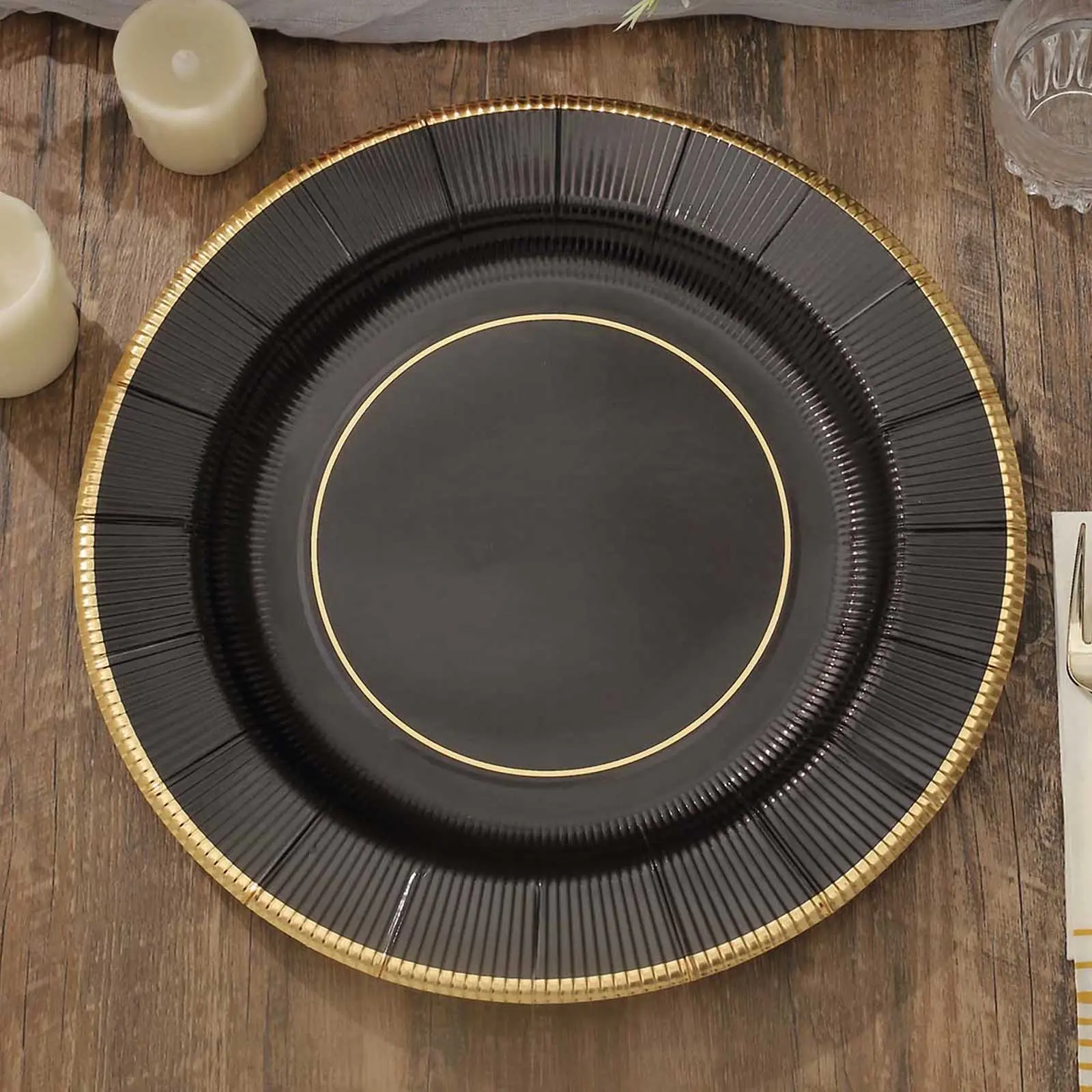 25-Pack Disposable Charger Plates - 13in Black Sunray Print with Gold Rim, 350GSM Heavy-Duty Sturdy Paper, for Wedding, Banquet Home & Festive Party Supplies