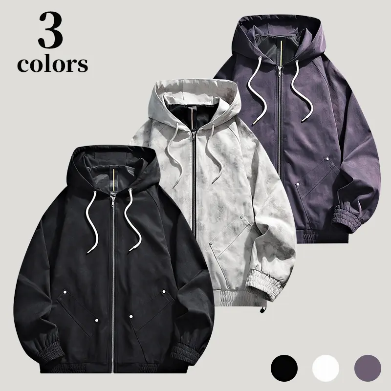 Men’s lightweight hooded zip jacket for autumn/winter with a soft marble pattern, loose fit, windproof—casual everyday outerwear; tie-dye version available.