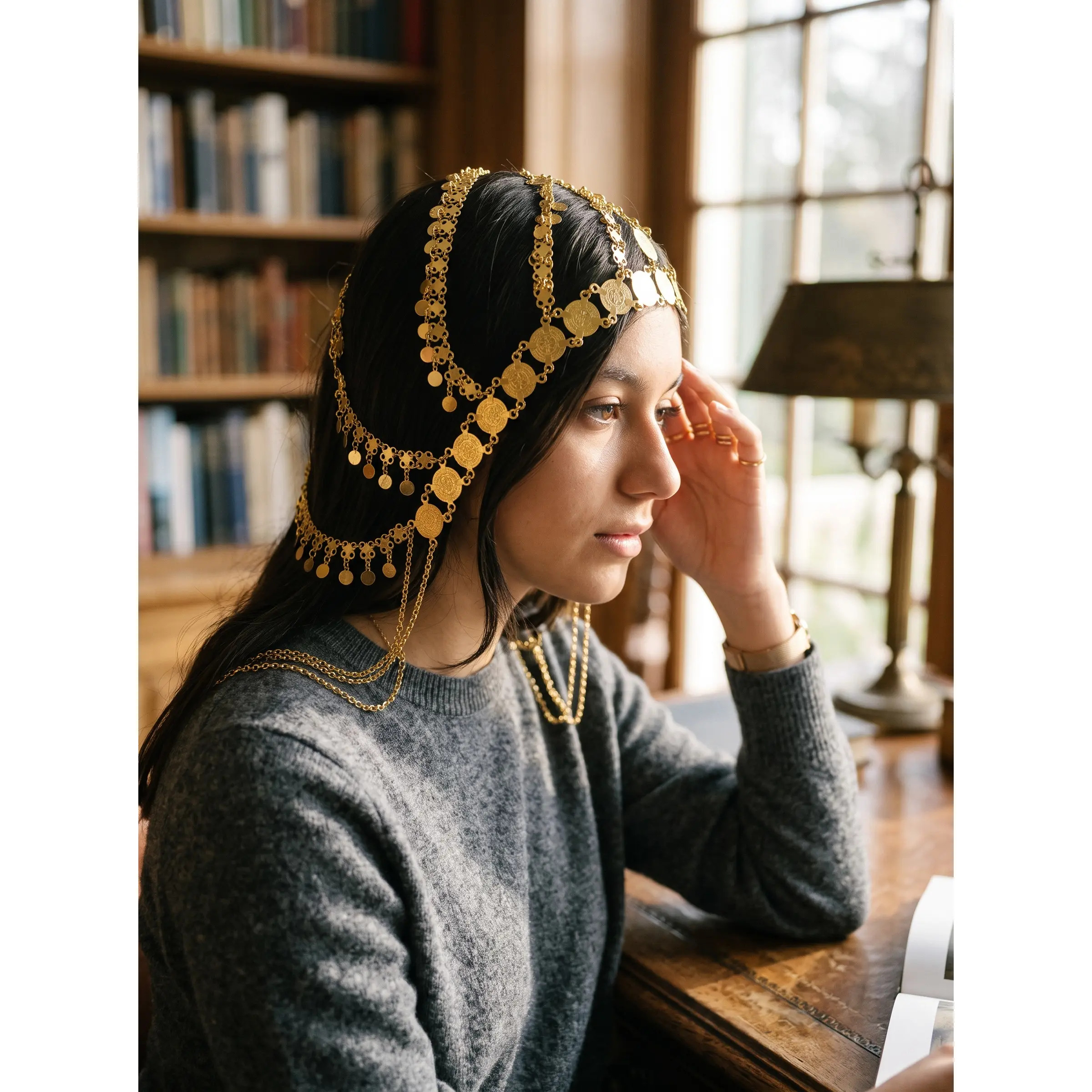 Middle Eastern Arab Gold-Tone Coin Headpiece – Traditional Bridal Headdress & Hair Jewelry 7176