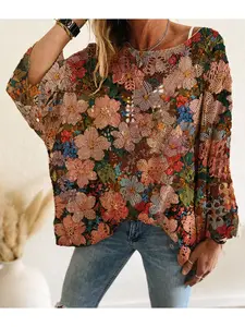 Spring & Summer off-shoulder knit top with diamond cutouts, batwing drop shoulders and contrast floral prints. Loose, long-sleeve, vacation-style cover-up for vests and bikinis, ideal for casual commuting.