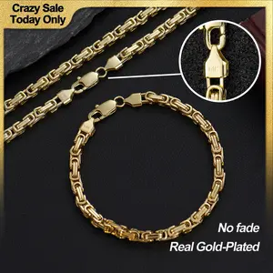 14K Gold Plated Franco & Byzantine Necklace and Bracelet Set, 5.5mm 24 Inch, Gold Plated Jewelry, Trendy Gold Plated Chain Necklace, Affordabl Necklace, Gold Plated Gifts for Fashion Lovers