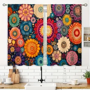 2pcs Colorful Intricate Illustration Kitchen Printed Curtains Small Short Cafe Curtain Rod Pocket Bathroom Curtain Treatments Tiers Kitchen Living Room Office Bedroom Home Decor 39.9x27.5 Inch LW505CL33