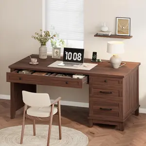 54.5in Wooden Executive Desk with Drawers, Office Desk Computer Table with Charging Station, Farmhouse Home Office Desk with File Cabinet Storage, for Study and Home Office