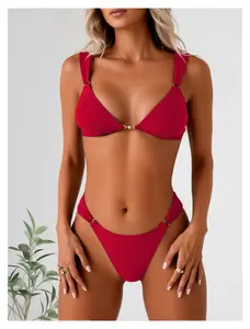 Red Triangle Bikini Set - Women's Adjustable Strap Swimsuit, Gold Accent, Bathing Suit for Beach, Pool, Vacation, Classic Triangle Top & Low Rise Bottoms