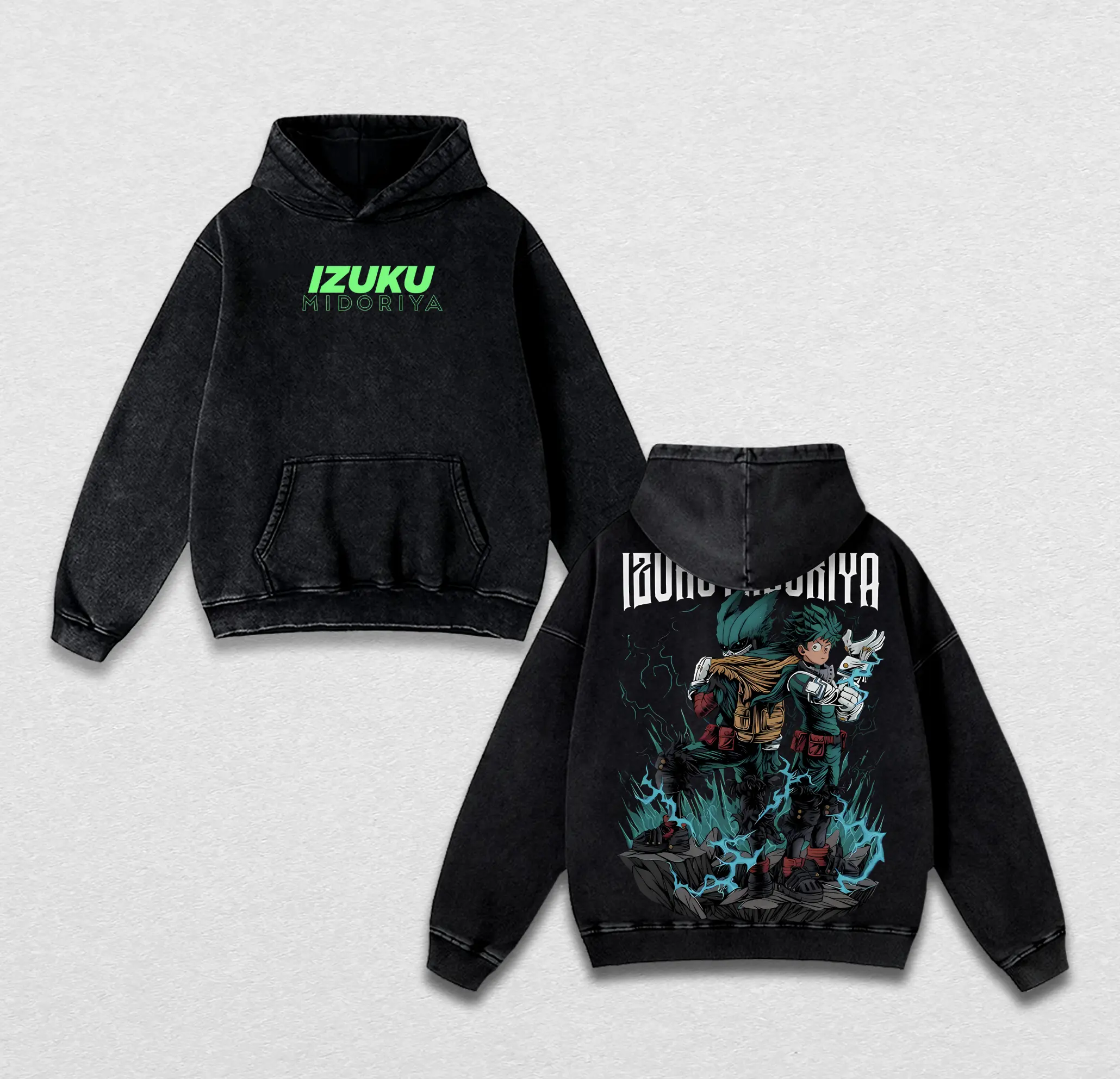 Deku Washed Hoodie & Washed T-Shirt – Izuku Midoriya My Hero Academia Vintage Anime Streetwear, Unisex Oversized Tee Menswear Graphic Outfit