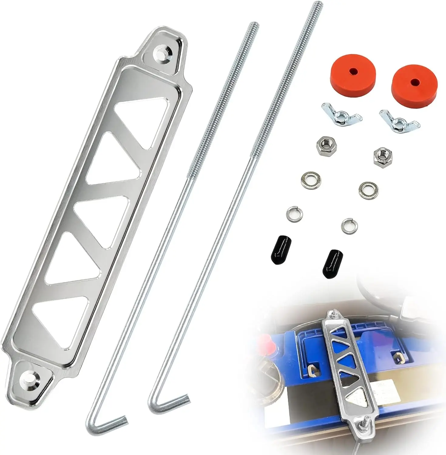 Battery Hold Down Bracket, Aluminum Alloy Battery Tie Down Bracket, Battery Tray for Car Battery Mount Bracket Hold Lock Accessories, Car Battery Lock Down - with 10 inches J bolts (Silver)